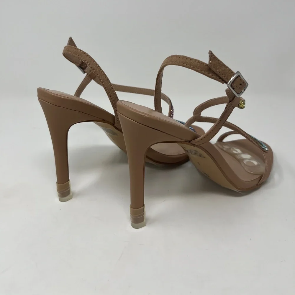 NWOT. BCBG Tan Rainbow Strap Heel Sandals Size 8